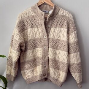 Vintage Cozy Thick Cable Knit Cardigan Cream Taupe Lambswool Made in Italy